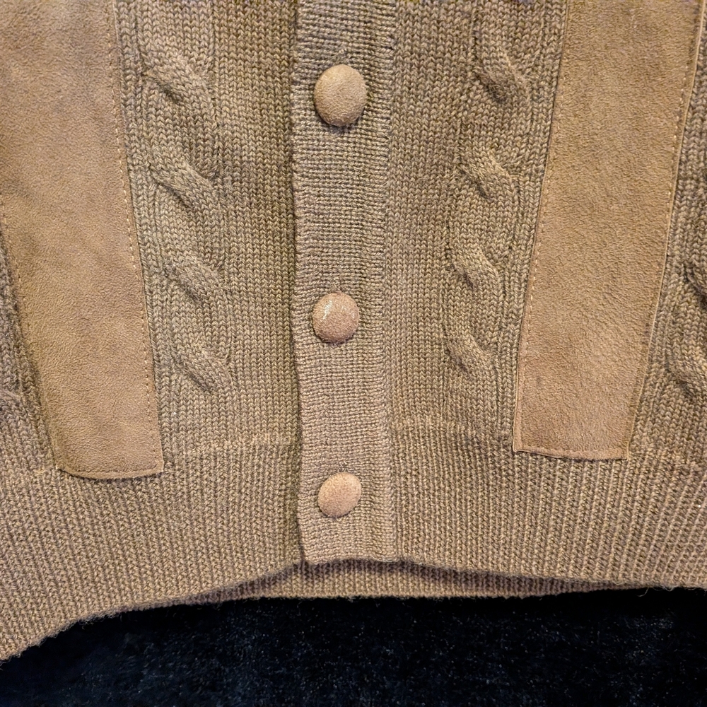 Vintage 60s Grandpa Style Cardigan W. Suede Trim. Chocolate Brown. Medium+ - Picture 6 of 8